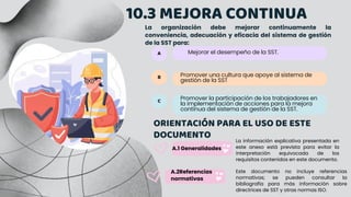 La organización debe mejorar continuamente la
conveniencia, adecuación y eficacia del sistema de gestión
de la SST para:
A
B
C
Mejorar el desempeño de la SST.
Promover una cultura que apoye al sistema de
gestión de la SST
Promover la participación de los trabajadores en
la implementación de acciones para la mejora
continua del sistema de gestión de la SST.
A.1 Generalidades
A.2Referencias
normativas
10.3 MEJORA CONTINUA
ORIENTACIÓN PARA EL USO DE ESTE
DOCUMENTO
La información explicativa presentada en
este anexo está prevista para evitar la
interpretación equivocada de los
requisitos contenidos en este documento.
Este documento no incluye referencias
normativas; se pueden consultar la
bibliografía para más información sobre
directrices de SST y otras normas ISO.
 