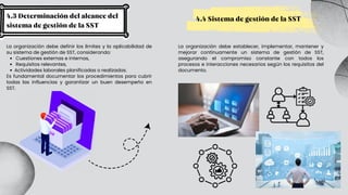 4.3 Determinación del alcance del
sistema de gestión de la SST
La organización debe definir los límites y la aplicabilidad de
su sistema de gestión de SST, considerando:
Cuestiones externas e internas,
Requisitos relevantes,
Actividades laborales planificadas o realizadas.
Es fundamental documentar los procedimientos para cubrir
todas las influencias y garantizar un buen desempeño en
SST.
4.4 Sistema de gestión de la SST
La organización debe establecer, implementar, mantener y
mejorar continuamente un sistema de gestión de SST,
asegurando el compromiso constante con todos los
procesos e interacciones necesarios según los requisitos del
documento.
 