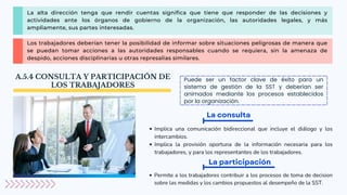Puede ser un factor clave de éxito para un
sistema de gestión de la SST y deberían ser
animados mediante los procesos establecidos
por la organización.
La consulta
La alta dirección tenga que rendir cuentas significa que tiene que responder de las decisiones y
actividades ante los órganos de gobierno de la organización, las autoridades legales, y más
ampliamente, sus partes interesadas.
Los trabajadores deberían tener la posibilidad de informar sobre situaciones peligrosas de manera que
se puedan tomar acciones a las autoridades responsables cuando se requiera, sin la amenaza de
despido, acciones disciplinarias u otras represalias similares.
A.5.4 CONSULTA Y PARTICIPACIÓN DE
LOS TRABAJADORES
Implica una comunicación bidireccional que incluye el diálogo y los
intercambios.
Implica la provisión oportuna de la información necesaria para los
trabajadores, y para los representantes de los trabajadores.
La participación
Permite a los trabajadores contribuir a los procesos de toma de decision
sobre las medidas y los cambios propuestos al desempeño de la SST.
 