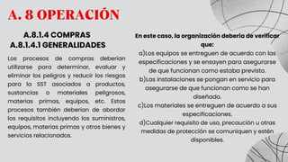 A. 8 OPERACIÓN
A.8.1.4 COMPRAS
A.8.1.4.1 GENERALIDADES
Los procesos de compras deberían
utilizarse para determinar, evaluar y
eliminar los peligros y reducir los riesgos
para la SST asociados a productos,
sustancias o materiales peligrosos,
materias primas, equipos, etc. Estos
procesos también deberían de abordar
los requisitos incluyendo los suministros,
equipos, materias primas y otros bienes y
servicios relacionados.
En este caso, la organización debería de verificar
que:
a)Los equipos se entreguen de acuerdo con las
especificaciones y se ensayen para asegurarse
de que funcionan como estaba previsto.
b)Las instalaciones se pongan en servicio para
asegurarse de que funcionan como se han
diseñado.
c)Los materiales se entreguen de acuerdo a sus
especificaciones.
d)Cualquier requisito de uso, precaución u otras
medidas de protección se comuniquen y estén
disponibles.
 