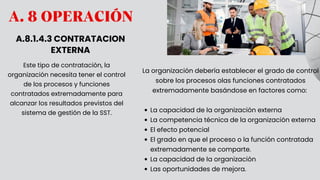 A. 8 OPERACIÓN
A.8.1.4.3 CONTRATACION
EXTERNA
Este tipo de contratación, la
organización necesita tener el control
de los procesos y funciones
contratados extremadamente para
alcanzar los resultados previstos del
sistema de gestión de la SST.
La organización debería establecer el grado de control
sobre los procesos olas funciones contratados
extremadamente basándose en factores como:
La capacidad de la organización externa
La competencia técnica de la organización externa
El efecto potencial
El grado en que el proceso o la función contratada
extremadamente se comparte.
La capacidad de la organización
Las oportunidades de mejora.
 