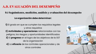 A.9. EVALUACIÓN DEL DESEMPEÑO
9.1 Seguimiento, medición, análisis y evaluación del desempeño
La organización debe determinar:
1) El grado en que se cumplen los requisitos legales
y otros requisitos
2) Actividades y operaciones relacionadas con los
peligros, los riesgos y oportunidades identificados
3) El progreso en el logro de los objetivos de la SST
de la organización
4) La eficacia de los controles operacionales y de
otros controles
 