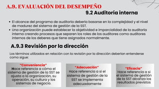 “Conveniencia”
Hace referencia a cómo el
sistema de gestión de la SST se
ajusta a la organización, su
operación, su cultura y los
sistemas de negocio.
“Adecuación”
Hace referencia a si el
sistema de gestión de la
SST se implementa
adecuadamente
“Eficacia”
Hace referencia a si
el sistema de gestión
de la SST alcanza los
resultados previstos
9.2 Auditoría interna
El alcance del programa de auditoría debería basarse en la complejidad y el nivel
de madurez del sistema de gestión de la SST.
Una organización puede establecer la objetividad e imparcialidad de la auditoría
interna creando procesos que separen los roles de los auditores como auditores
internos de los deberes que tiene asignados normalmente.
A.9.3 Revisión por la dirección
Los términos utilizados en relación con la revisión por la dirección deberían entenderse
como sigue:
A.9. EVALUACIÓN DEL DESEMPEÑO
 