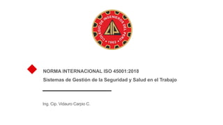VAAA
NORMA INTERNACIONAL ISO 45001:2018
Sistemas de Gestión de la Seguridad y Salud en el Trabajo
Ing. Cip. Vidauro Carpio C.
 