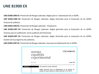 UNE	
  81900	
  EX	
  
UNE	
  81900:1996	
  EX:	
  Prevención	
  de	
  Riesgos	
  Laborales.	
  Reglas	
  para	
  la	
  	
...