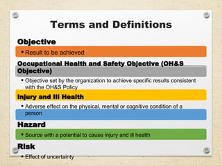 Terms and Definitions
Objective
• Result to be achieved
Occupational Health and Safety Objective (OH&S
Objective)
• Objective set by the organization to achieve specific results consistent
with the OH&S Policy
Injury and Ill Health
• Adverse effect on the physical, mental or cognitive condition of a
person
Hazard
• Source with a potential to cause injury and ill health
Risk
• Effect of uncertainty
 