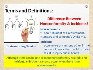 Terms and Definitions:
Difference Between
Nonconformity & Incidents?
Brainstorming Session
Nonconformity:
- non-fulfilment of a requirement.
(standard and company’s OH&S MS.
Although there can be one or more nonconformity related to an
incident, an incident can also occur when there is no
nonconformity.
Incident:
- occurrence arising out of, or in the
course of, work that could or does
result in injury and ill health.
 