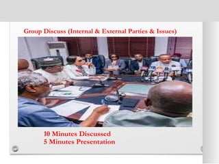 Group Discuss (Internal & External Parties & Issues)
10 Minutes Discussed
5 Minutes Presentation
 