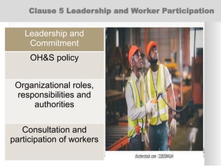 Leadership and
Commitment
OH&S policy
Organizational roles,
responsibilities and
authorities
Consultation and
participation of workers
Clause 5 Leadership and Worker Participation
 