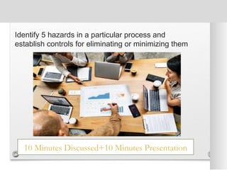10 Minutes Discussed+10 Minutes Presentation
Identify 5 hazards in a particular process and
establish controls for eliminating or minimizing them
 