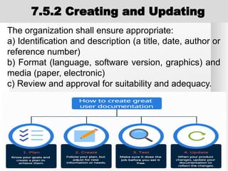 7.5.2 Creating and Updating
The organization shall ensure appropriate:
a) Identification and description (a title, date, author or
reference number)
b) Format (language, software version, graphics) and
media (paper, electronic)
c) Review and approval for suitability and adequacy.
 