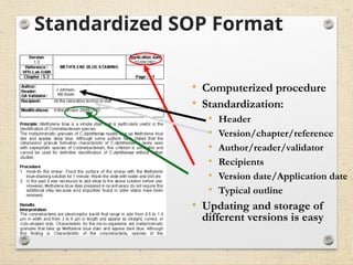 Standardized SOP Format
• Computerized procedure
• Standardization:
• Header
• Version/chapter/reference
• Author/reader/validator
• Recipients
• Version date/Application date
• Typical outline
• Updating and storage of
different versions is easy
J Johnson,
RB Smith
 