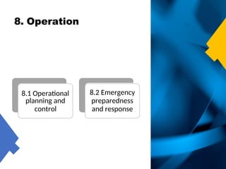 8. Operation
8.1 Operational
planning and
control
8.2 Emergency
preparedness
and response
 
