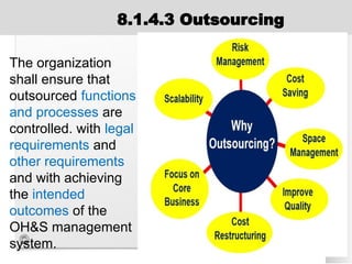 The organization
shall ensure that
outsourced functions
and processes are
controlled. with legal
requirements and
other requirements
and with achieving
the intended
outcomes of the
OH&S management
system.
8.1.4.3 Outsourcing
 