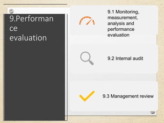 9.1 Monitoring,
measurement,
analysis and
performance
evaluation
9.2 Internal audit
9.3 Management review
9.Performan
ce
evaluation
 