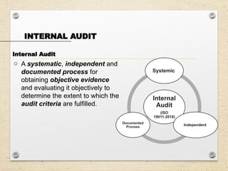 Internal Audit
o A systematic, independent and
documented process for
obtaining objective evidence
and evaluating it objectively to
determine the extent to which the
audit criteria are fulfilled.
Internal
Audit
(ISO
19011:2018)
Systemic
Independent
Documented
Process
INTERNAL AUDIT
 