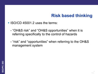 14
Date:
ISO/PC
283
Risk based thinking
 ISO/CD 45001.2 uses the terms:
- “OH&S risk” and “OH&S opportunities” when it is
referring specifically to the control of hazards
- “risk” and “opportunities” when referring to the OH&S
management system
 