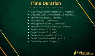 Time Duration
Gap Analysis and Preparation (1-3 months):
Documentation Development (2-6 months):
Implementation (3-12 months):
Internal Audit (1-2 months):
Management Review (1-2 months):
Selection of Certification Body (1 month):
Stage 1 Audit (1-2 months):
Stage 2 Audit (1-2 months):
Corrective Actions (1-3 months):
Certification Decision (1-2 months):
Surveillance Audits (ongoing):
 