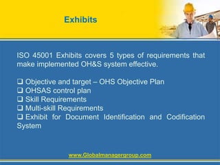 Exhibits
ISO 45001 Exhibits covers 5 types of requirements that
make implemented OH&S system effective.
 Objective and target – OHS Objective Plan
 OHSAS control plan
 Skill Requirements
 Multi-skill Requirements
 Exhibit for Document Identification and Codification
System
www.Globalmanagergroup.com
 