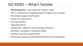 ISO 45001 – What’s Familiar
23
• Plan-Do-Check-Act – still fundamental “systems” model.
• Intent – framework for managing prevention of death, injury, ill-health
• Role of top management (enhanced)
• Hazard, risk, controls focus
• Planning and policy
• Legal requirements
• Improvement – objectives, action planning, monitoring.
• Awareness, consultation, competency needed
• Resources required to support system
• Monitoring, evaluating, analysing OHS performance and improvement
 