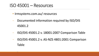 ISO 45001 – Resources
26
• Irmsystems.com.au/ resources
- Documented information required by ISO/DIS
45001.2
- ISO/DIS 45001.2 v. 18001:2007 Comparison Table
- ISO/DIS 45001.2 v. AS-NZS 4801:2001 Comparison
Table
 