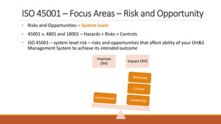 ISO 45001 – Focus Areas – Risk and Opportunity
• Risks and Opportunities – System Level
• 45001 v. 4801 and 18001 – Hazards > Risks > Controls
• ISO 45001 – system level risk – risks and opportunities that affect ability of your OH&S
Management System to achieve its intended outcome
8
Improve
OHS
Impact OHS
 