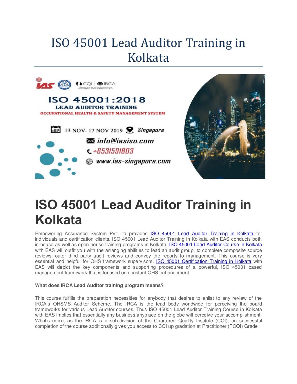 ISO 45001 Lead Auditor Training In Kolkata ISO 45001 Training In