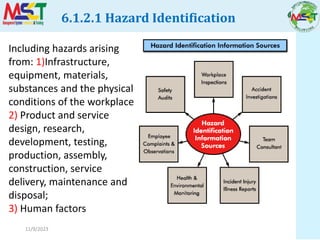 11/9/2023
Including hazards arising
from: 1)Infrastructure,
equipment, materials,
substances and the physical
conditions of the workplace
2) Product and service
design, research,
development, testing,
production, assembly,
construction, service
delivery, maintenance and
disposal;
3) Human factors
6.1.2.1 Hazard Identification
 