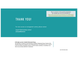 THANK YOU!
For more courses on management systems, please contact:
QUALITYPROFESSIONALS GROUP
avinit.singh@gmail.com
QUALITY PROFESSIONALS GROUP
© All rights reserved – Quality Professionals Group
This document is a property of and proprietary to Quality Professionals Group. Contents of this
document should not be disclosed to any unauthorized person. This document may not, in whole or
in part, be reduced, reproduced, stored in a retrieval system, translated, or transmitted in any
form or by any means, electronic or mechanical.
This is a preview of only partial presentation.
The complete ppt can be downloaded at:
https://flevy.com/browse/marketplace/iso-450012018-
ohands-management-systems-awareness-program-5958
 