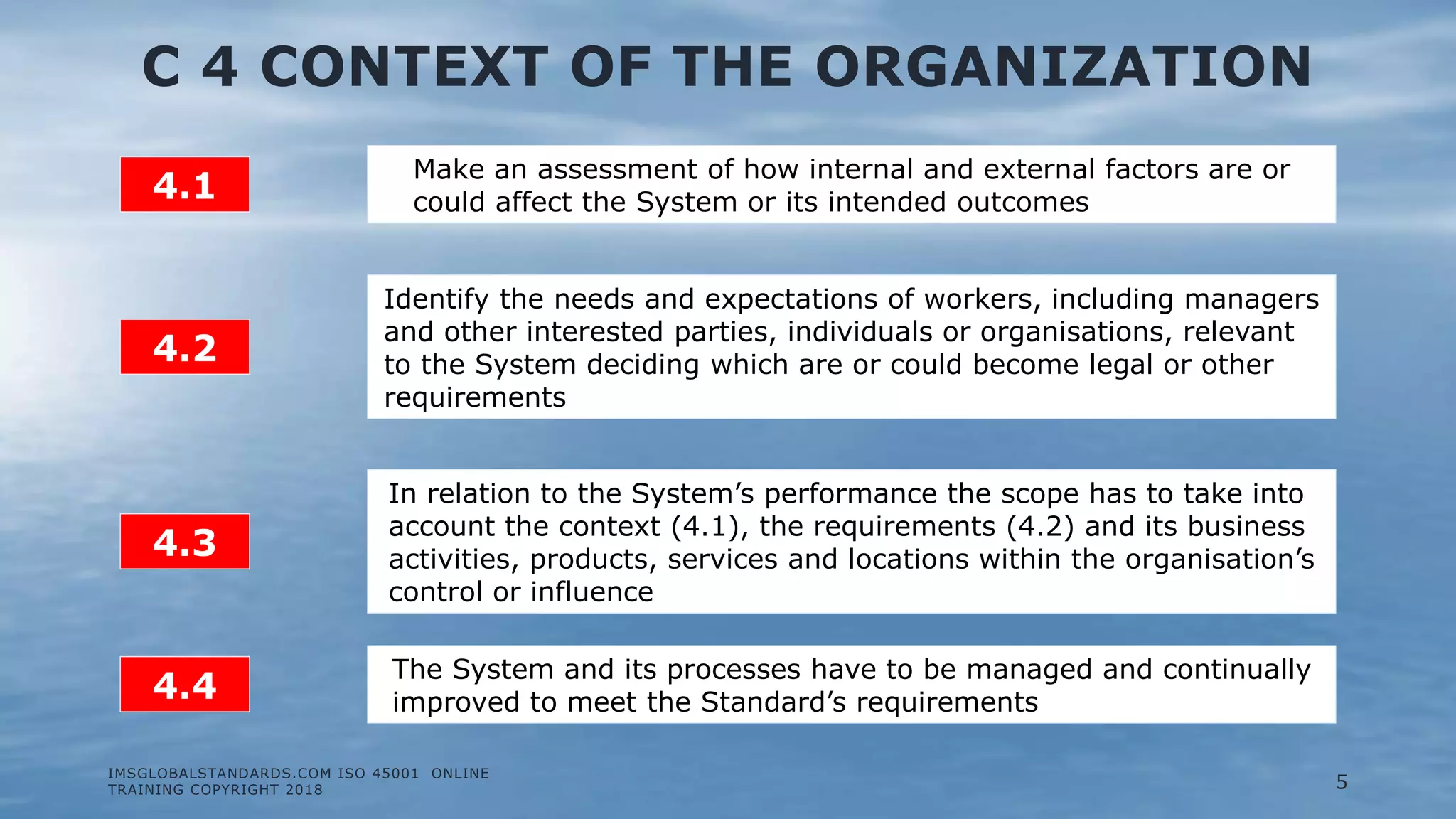 C 4 CONTEXT OF THE ORGANIZATION
IMSGLOBALSTANDARDS.COM ISO 45001 ONLINE
TRAINING COPYRIGHT 2018
4.1
Make an assessment of how internal and external factors are or
could affect the System or its intended outcomes
Identify the needs and expectations of workers, including managers
and other interested parties, individuals or organisations, relevant
to the System deciding which are or could become legal or other
requirements
In relation to the System’s performance the scope has to take into
account the context (4.1), the requirements (4.2) and its business
activities, products, services and locations within the organisation’s
control or influence
4.2
4.3
4.4
The System and its processes have to be managed and continually
improved to meet the Standard’s requirements
5
 