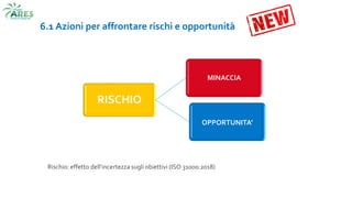 6.1 Azioni per affrontare rischi e opportunità
RISCHIO
MINACCIA
OPPORTUNITA’
Rischio: effetto dell’incertezza sugli obiettivi (ISO 31000:2018)
 