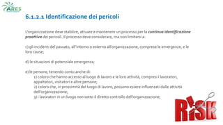 6.1.2.1 Identificazione dei pericoli
L'organizzazione deve stabilire, attuare e mantenere un processo per la continua identificazione
proattiva dei pericoli. Il processo deve considerare, ma non limitarsi a:
c) gli incidenti del passato, all’interno o esterno all'organizzazione, comprese le emergenze, e le
loro cause;
d) le situazioni di potenziale emergenza;
e) le persone, tenendo conto anche di:
1) coloro che hanno accesso al luogo di lavoro e le loro attività, compresi i lavoratori,
appaltatori, visitatori e altre persone;
2) coloro che, in prossimità del luogo di lavoro, possono essere influenzati dalle attività
dell'organizzazione;
3) i lavoratori in un luogo non sotto il diretto controllo dell'organizzazione;
 