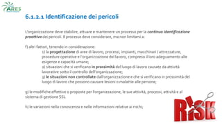 6.1.2.1 Identificazione dei pericoli
L'organizzazione deve stabilire, attuare e mantenere un processo per la continua identificazione
proattiva dei pericoli. Il processo deve considerare, ma non limitarsi a:
f) altri fattori, tenendo in considerazione:
1) la progettazione di aree di lavoro, processi, impianti, macchinari / attrezzature,
procedure operative e l'organizzazione del lavoro, compreso il loro adeguamento alle
esigenze e capacità umane;
2) situazioni che si verificano in prossimità del luogo di lavoro causate da attività
lavorative sotto il controllo dell'organizzazione;
3) le situazioni non controllate dall'organizzazione e che si verificano in prossimità del
luogo di lavoro che possono causare lesioni o malattie alle persone;
g) le modifiche effettive o proposte per l'organizzazione, le sue attività, processi, attività e al
sistema di gestione SSL
h) le variazioni nella conoscenza e nelle informazioni relative ai rischi;
 