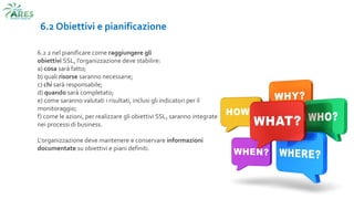 6.2 Obiettivi e pianificazione
6.2 2 nel pianificare come raggiungere gli
obiettivi SSL, l’organizzazione deve stabilire:
a) cosa sarà fatto;
b) quali risorse saranno necessarie;
c) chi sarà responsabile;
d) quando sarà completato;
e) come saranno valutati i risultati, inclusi gli indicatori per il
monitoraggio;
f) come le azioni, per realizzare gli obiettivi SSL, saranno integrate
nei processi di business.
L‘organizzazione deve mantenere e conservare informazioni
documentate su obiettivi e piani definiti.
 
