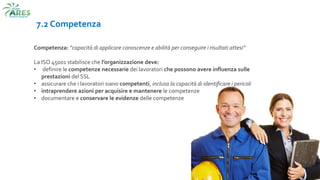 7.2 Competenza
Competenza: “capacità di applicare conoscenze e abilità per conseguire i risultati attesi”
La ISO 45001 stabilisce che l’organizzazione deve:
• definire le competenze necessarie dei lavoratori che possono avere influenza sulle
prestazioni del SSL
• assicurare che i lavoratori siano competenti, inclusa la capacità di identificare i pericoli
• intraprendere azioni per acquisire e mantenere le competenze
• documentare e conservare le evidenze delle competenze
 
