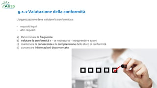 9.1.2Valutazione della conformità
L’organizzazione deve valutare la conformità a:
- requisiti legali
- altri requisiti
a) Determinare la frequenza
b) valutare la conformità e – se necessario – intraprendere azioni
c) mantenere la conoscenza e la comprensione dello stato di conformità
d) conservare informazioni documentate
 