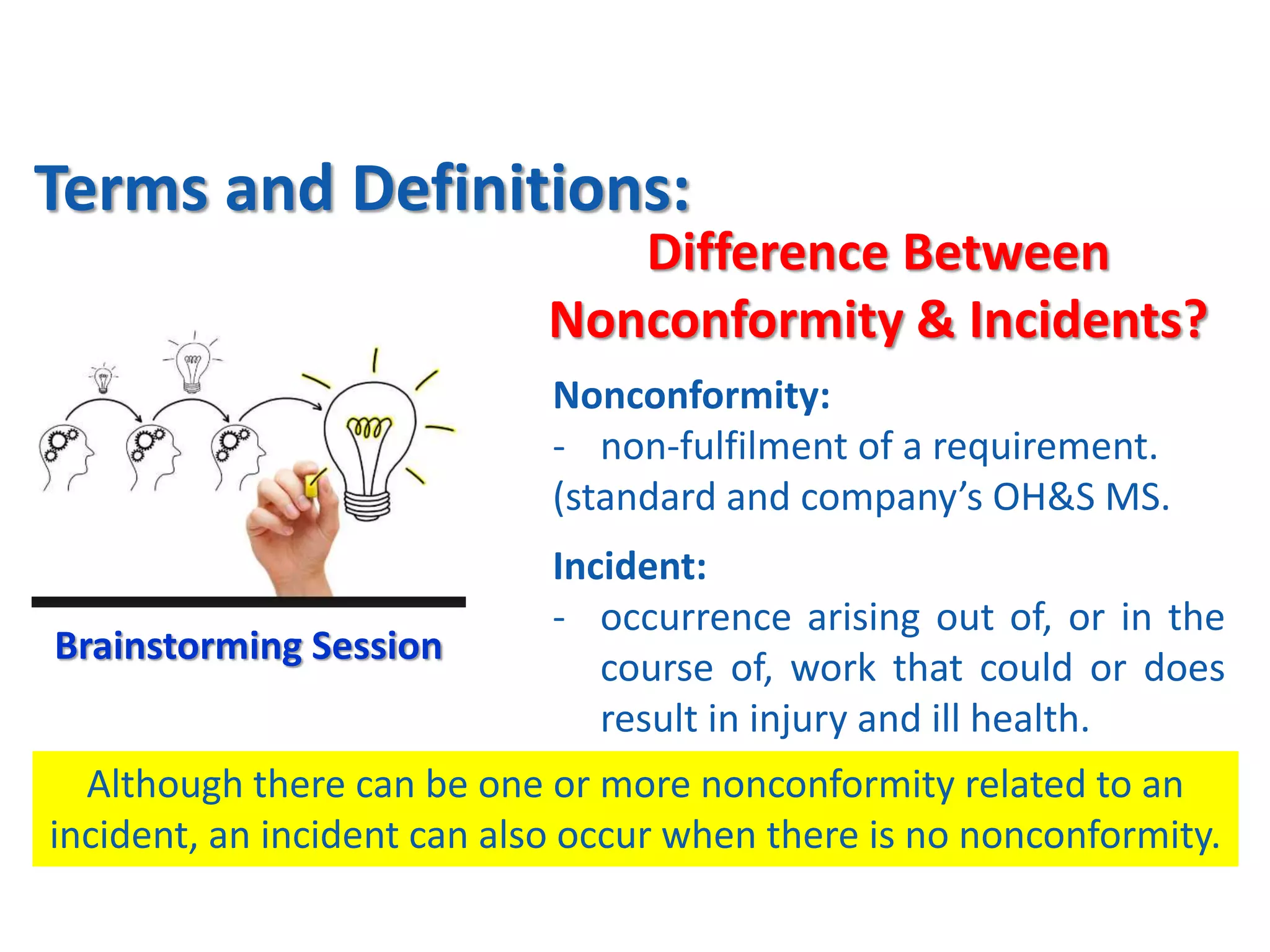 Terms and Definitions:
Difference Between
Nonconformity & Incidents?
Brainstorming Session
Nonconformity:
- non-fulfilment of a requirement.
(standard and company’s OH&S MS.
Although there can be one or more nonconformity related to an
incident, an incident can also occur when there is no nonconformity.
Incident:
- occurrence arising out of, or in the
course of, work that could or does
result in injury and ill health.
 