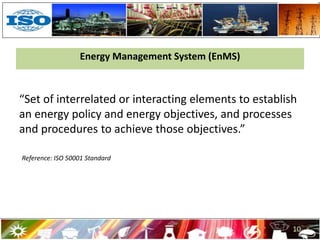 “Set of interrelated or interacting elements to establish
an energy policy and energy objectives, and processes
and procedures to achieve those objectives.”
10
Reference: ISO 50001 Standard
Energy Management System (EnMS)
 