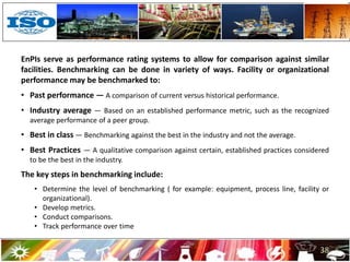 EnPIs serve as performance rating systems to allow for comparison against similar
facilities. Benchmarking can be done in variety of ways. Facility or organizational
performance may be benchmarked to:
• Past performance — A comparison of current versus historical performance.
• Industry average — Based on an established performance metric, such as the recognized
average performance of a peer group.
• Best in class — Benchmarking against the best in the industry and not the average.
• Best Practices — A qualitative comparison against certain, established practices considered
to be the best in the industry.
The key steps in benchmarking include:
• Determine the level of benchmarking ( for example: equipment, process line, facility or
organizational).
• Develop metrics.
• Conduct comparisons.
• Track performance over time
38
 