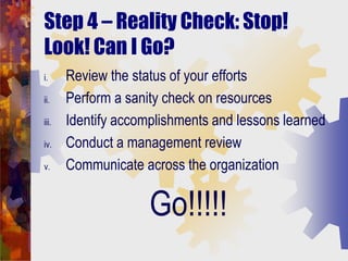 Step 4 – Reality Check: Stop!
Look! Can I Go?
i. Review the status of your efforts
ii. Perform a sanity check on resources...