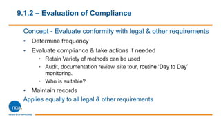 9.1.2 – Evaluation of Compliance
Concept - Evaluate conformity with legal & other requirements
• Determine frequency
• Evaluate compliance & take actions if needed
• Retain Variety of methods can be used
• Audit, documentation review, site tour, routine ‘Day to Day’
monitoring.
• Who is suitable?
• Maintain records
Applies equally to all legal & other requirements
 