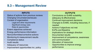 9.3 – Management Review
INPUTS
• Status of actions from previous reviews
• Changing Circumstances/issues:
• Context of organisation
• Legal and other requirements
• Significant energy uses
• Risks & opportunities
• Extent objectives achieved
• Energy performance information:
• Nonconformities/corrective actions
• Monitoring & measurement results
• Compliance status
• Audit results
• Adequacy of resources
• Improvement opportunities inc. policy
OUTPUTS
• Conclusions on EnMS suitability,
adequacy & effectiveness
• Continual improvement decisions
• Changes to EnMS, including resources, if
needed
• Actions if objectives not met
• EnPIs and Baseline
• Implications for strategic direction
• Documented results
• Improvement of competence, awareness
and communication
• Allocation of resources
• Opportunities to improve energy
performance
 