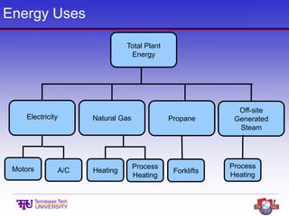 Energy Uses
Total Plant
Energy
Electricity Natural Gas Propane
Off-site
Generated
Steam
Motors A/C Heating
Process
Heating
Forklifts
Process
Heating
 