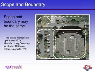 Scope and Boundary
Scope and
boundary may
be the same.
“The EnMS includes all
operations of XYZ
Manufacturing Company
located at 123 Main
Street, Nashville, TN.”
 