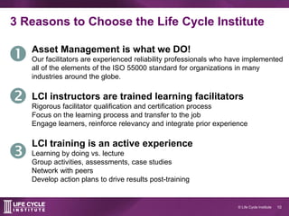 10© Life Cycle Institute
3 Reasons to Choose the Life Cycle Institute
Asset Management is what we DO!
Our facilitators are experienced reliability professionals who have implemented
all of the elements of the ISO 55000 standard for organizations in many
industries around the globe.
LCI instructors are trained learning facilitators
Rigorous facilitator qualification and certification process
Focus on the learning process and transfer to the job
Engage learners, reinforce relevancy and integrate prior experience
LCI training is an active experience
Learning by doing vs. lecture
Group activities, assessments, case studies
Network with peers
Develop action plans to drive results post-training



 
