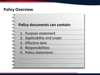 Policy Overview
Policy documents can contain:
1. Purpose statement
2. Applicability and scope
3. Effective date
4. Responsibilities
5. Policy statements
 