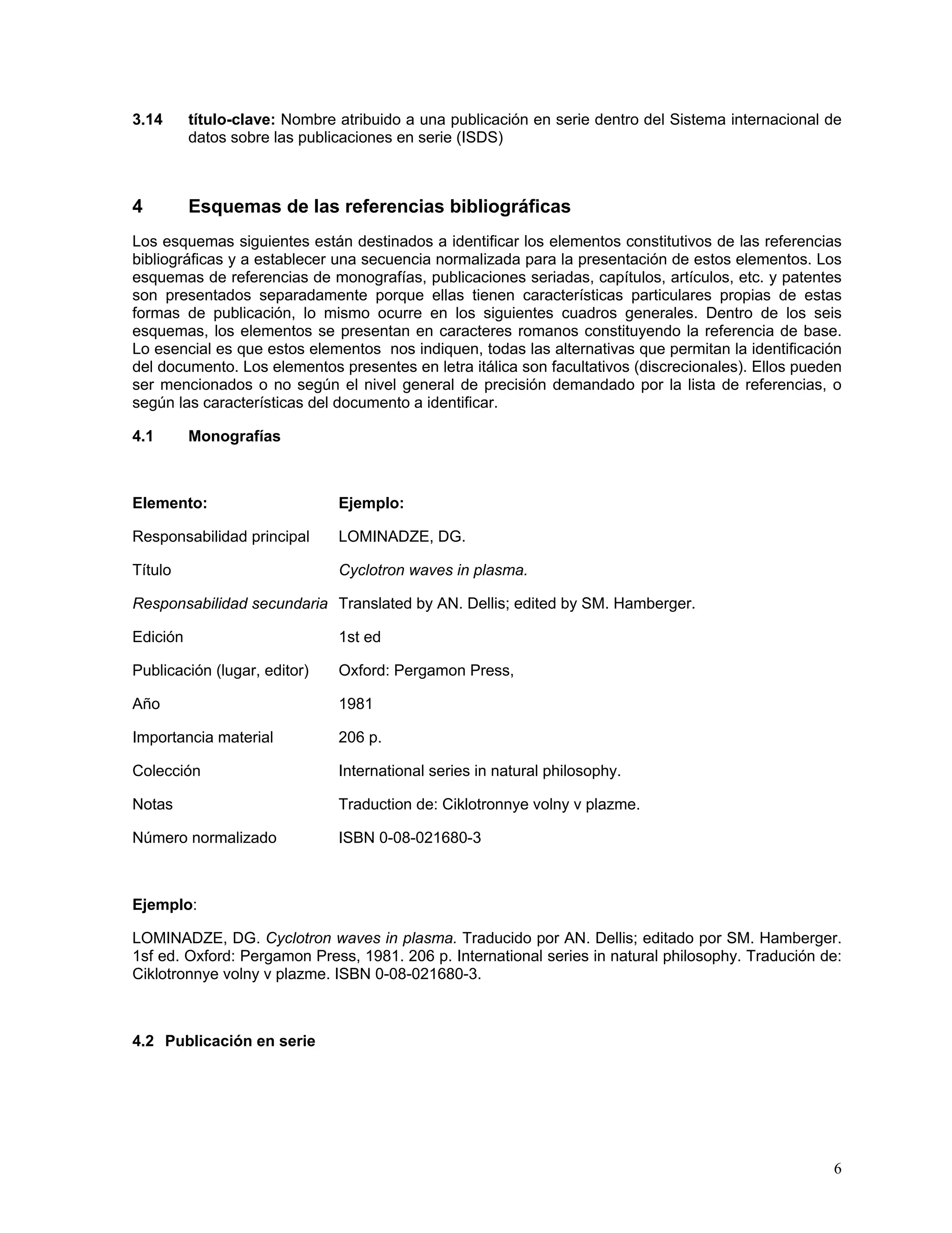 3.14      título-clave: Nombre atribuido a una publicación en serie dentro del Sistema internacional de
          datos sobre las publicaciones en serie (ISDS)



4         Esquemas de las referencias bibliográficas
Los esquemas siguientes están destinados a identificar los elementos constitutivos de las referencias
bibliográficas y a establecer una secuencia normalizada para la presentación de estos elementos. Los
esquemas de referencias de monografías, publicaciones seriadas, capítulos, artículos, etc. y patentes
son presentados separadamente porque ellas tienen características particulares propias de estas
formas de publicación, lo mismo ocurre en los siguientes cuadros generales. Dentro de los seis
esquemas, los elementos se presentan en caracteres romanos constituyendo la referencia de base.
Lo esencial es que estos elementos nos indiquen, todas las alternativas que permitan la identificación
del documento. Los elementos presentes en letra itálica son facultativos (discrecionales). Ellos pueden
ser mencionados o no según el nivel general de precisión demandado por la lista de referencias, o
según las características del documento a identificar.

4.1       Monografías



Elemento:                      Ejemplo:

Responsabilidad principal      LOMINADZE, DG.

Título                         Cyclotron waves in plasma.

Responsabilidad secundaria Translated by AN. Dellis; edited by SM. Hamberger.

Edición                        1st ed

Publicación (lugar, editor)    Oxford: Pergamon Press,

Año                            1981

Importancia material           206 p.

Colección                      International series in natural philosophy.

Notas                          Traduction de: Ciklotronnye volny v plazme.

Número normalizado             ISBN 0-08-021680-3



Ejemplo:

LOMINADZE, DG. Cyclotron waves in plasma. Traducido por AN. Dellis; editado por SM. Hamberger.
1sf ed. Oxford: Pergamon Press, 1981. 206 p. International series in natural philosophy. Tradución de:
Ciklotronnye volny v plazme. ISBN 0-08-021680-3.



4.2 Publicación en serie




                                                                                                     6
 