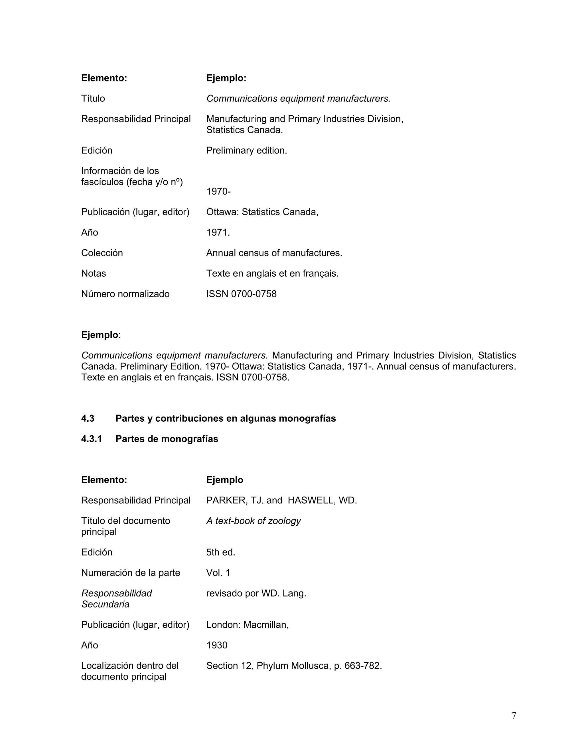 Elemento:                     Ejemplo:

Título                        Communications equipment manufacturers.

Responsabilidad Principal     Manufacturing and Primary Industries Division,
                              Statistics Canada.

Edición                       Preliminary edition.

Información de los
fascículos (fecha y/o nº)
                              1970-

Publicación (lugar, editor)   Ottawa: Statistics Canada,

Año                           1971.

Colección                     Annual census of manufactures.

Notas                         Texte en anglais et en français.

Número normalizado            ISSN 0700-0758



Ejemplo:

Communications equipment manufacturers. Manufacturing and Primary Industries Division, Statistics
Canada. Preliminary Edition. 1970- Ottawa: Statistics Canada, 1971-. Annual census of manufacturers.
Texte en anglais et en français. ISSN 0700-0758.



4.3       Partes y contribuciones en algunas monografías

4.3.1     Partes de monografías



Elemento:                     Ejemplo

Responsabilidad Principal     PARKER, TJ. and HASWELL, WD.

Título del documento          A text-book of zoology
principal

Edición                       5th ed.

Numeración de la parte        Vol. 1

Responsabilidad               revisado por WD. Lang.
Secundaria

Publicación (lugar, editor)   London: Macmillan,

Año                           1930

Localización dentro del       Section 12, Phylum Mollusca, p. 663-782.
documento principal



                                                                                                  7
 