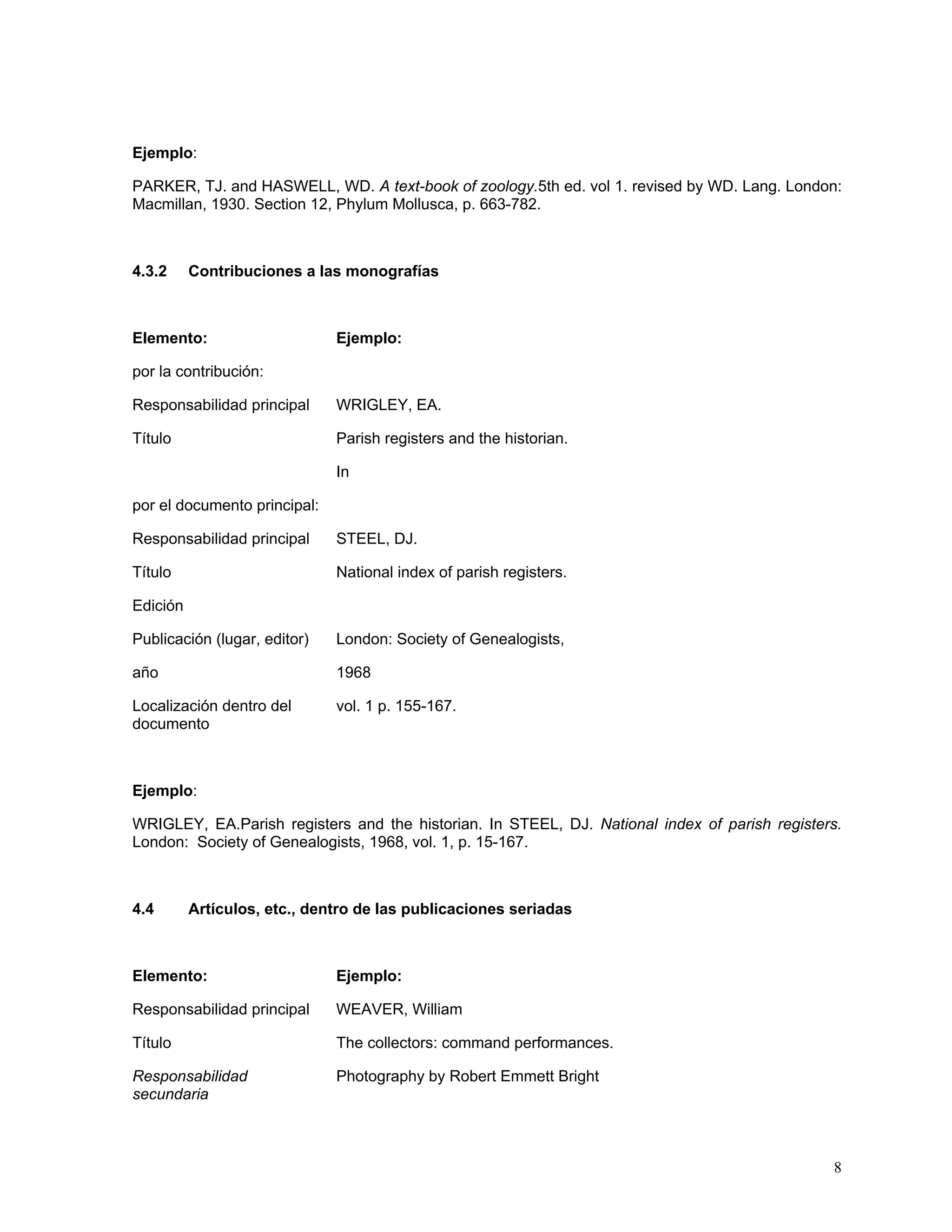 Ejemplo:

PARKER, TJ. and HASWELL, WD. A text-book of zoology.5th ed. vol 1. revised by WD. Lang. London:
Macmillan, 1930. Section 12, Phylum Mollusca, p. 663-782.



4.3.2     Contribuciones a las monografías



Elemento:                     Ejemplo:

por la contribución:

Responsabilidad principal     WRIGLEY, EA.

Título                        Parish registers and the historian.

                              In

por el documento principal:

Responsabilidad principal     STEEL, DJ.

Título                        National index of parish registers.

Edición

Publicación (lugar, editor)   London: Society of Genealogists,

año                           1968

Localización dentro del       vol. 1 p. 155-167.
documento



Ejemplo:

WRIGLEY, EA.Parish registers and the historian. In STEEL, DJ. National index of parish registers.
London: Society of Genealogists, 1968, vol. 1, p. 15-167.



4.4       Artículos, etc., dentro de las publicaciones seriadas



Elemento:                     Ejemplo:

Responsabilidad principal     WEAVER, William

Título                        The collectors: command performances.

Responsabilidad               Photography by Robert Emmett Bright
secundaria



                                                                                               8
 
