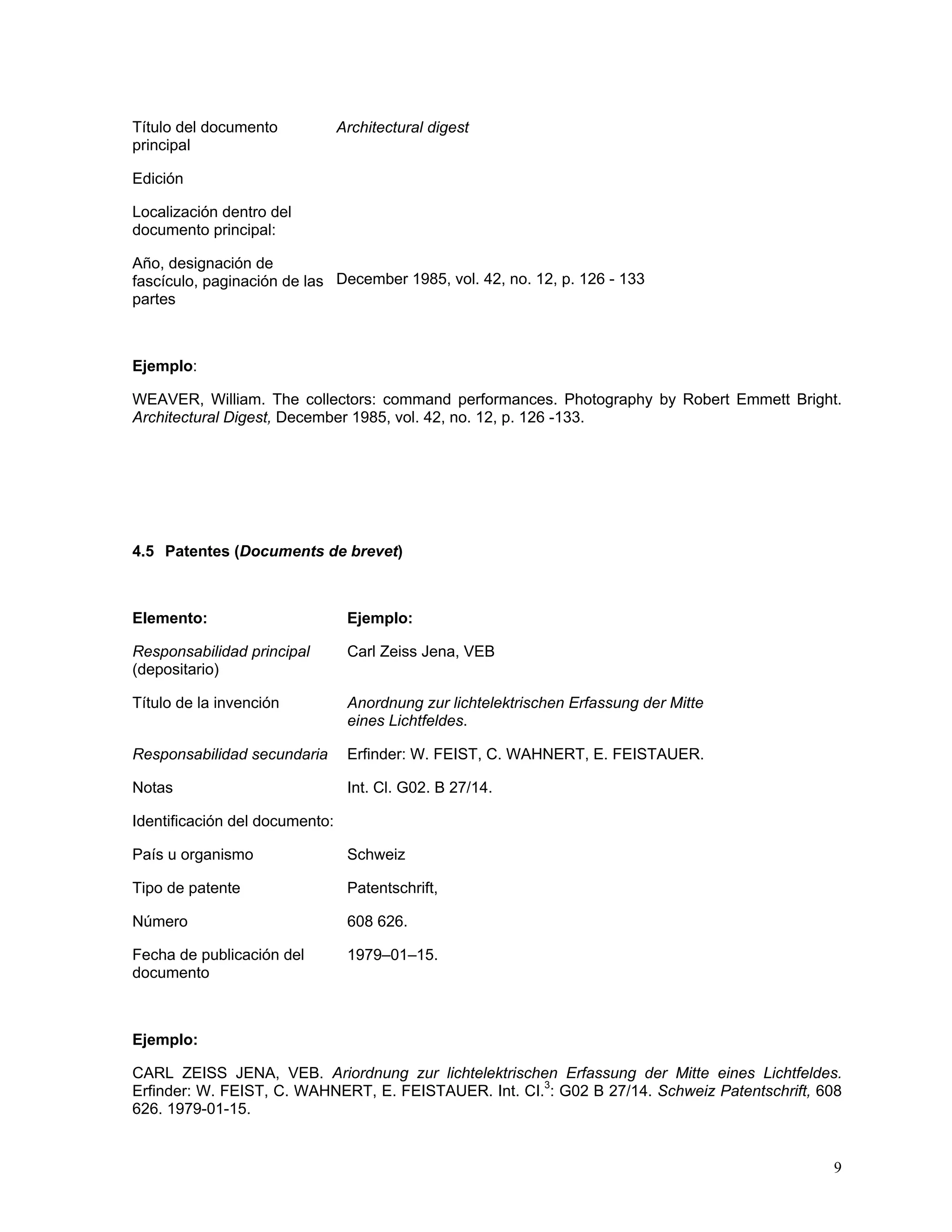 Título del documento            Architectural digest
principal

Edición

Localización dentro del
documento principal:

Año, designación de
fascículo, paginación de las December 1985, vol. 42, no. 12, p. 126 - 133
partes



Ejemplo:

WEAVER, William. The collectors: command performances. Photography by Robert Emmett Bright.
Architectural Digest, December 1985, vol. 42, no. 12, p. 126 -133.




4.5 Patentes (Documents de brevet)



Elemento:                        Ejemplo:

Responsabilidad principal        Carl Zeiss Jena, VEB
(depositario)

Título de la invención           Anordnung zur lichtelektrischen Erfassung der Mitte
                                 eines Lichtfeldes.

Responsabilidad secundaria       Erfinder: W. FEIST, C. WAHNERT, E. FEISTAUER.

Notas                            Int. Cl. G02. B 27/14.

Identificación del documento:

País u organismo                 Schweiz

Tipo de patente                  Patentschrift,

Número                           608 626.

Fecha de publicación del         1979–01–15.
documento



Ejemplo:

CARL ZEISS JENA, VEB. Ariordnung zur lichtelektrischen Erfassung der Mitte eines Lichtfeldes.
Erfinder: W. FEIST, C. WAHNERT, E. FEISTAUER. Int. CI.3: G02 B 27/14. Schweiz Patentschrift, 608
626. 1979-01-15.


                                                                                              9
 